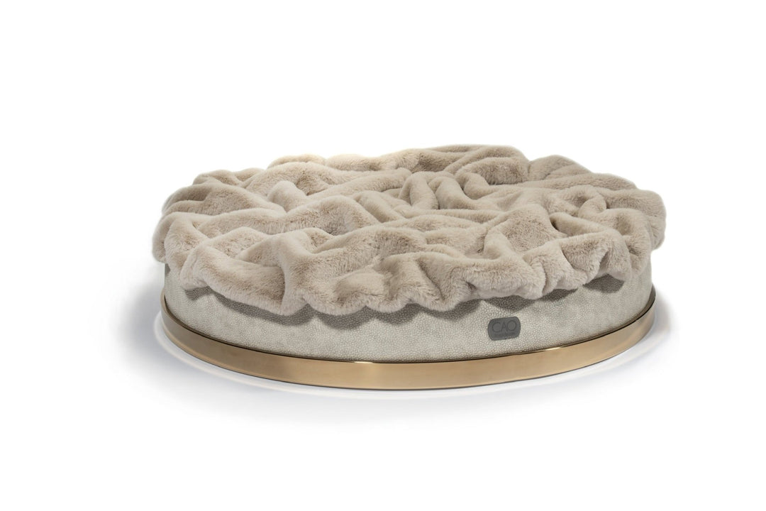 Luxury dog bed Soleil Nook in beige with gold frame - stylish interior for dogs & cats, size XS-L, high-quality design for your home