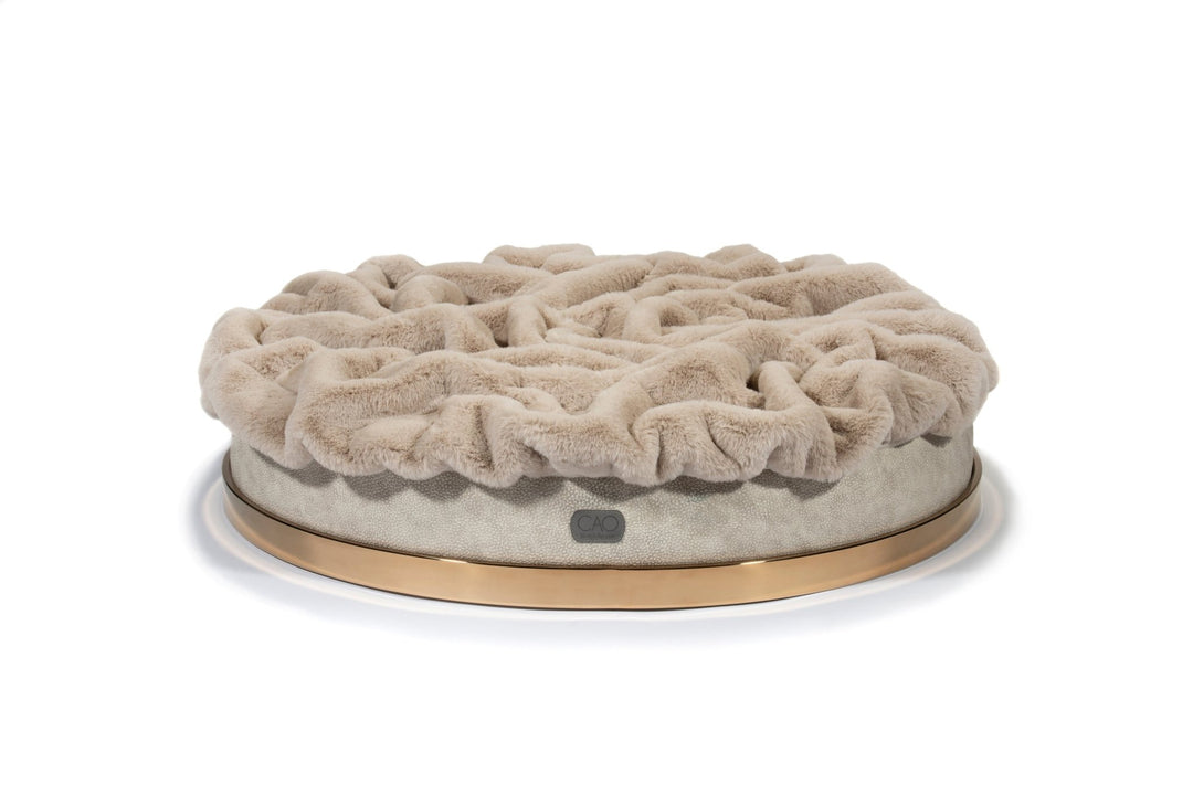 Luxury dog bed Soleil Nook in beige with gold frame - stylish interior for dogs & cats, size XS-L, high-quality design for your home