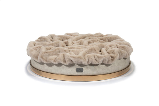 Luxury dog bed Soleil Nook in beige with gold frame - stylish interior for dogs & cats, size XS-L, high-quality design for your home